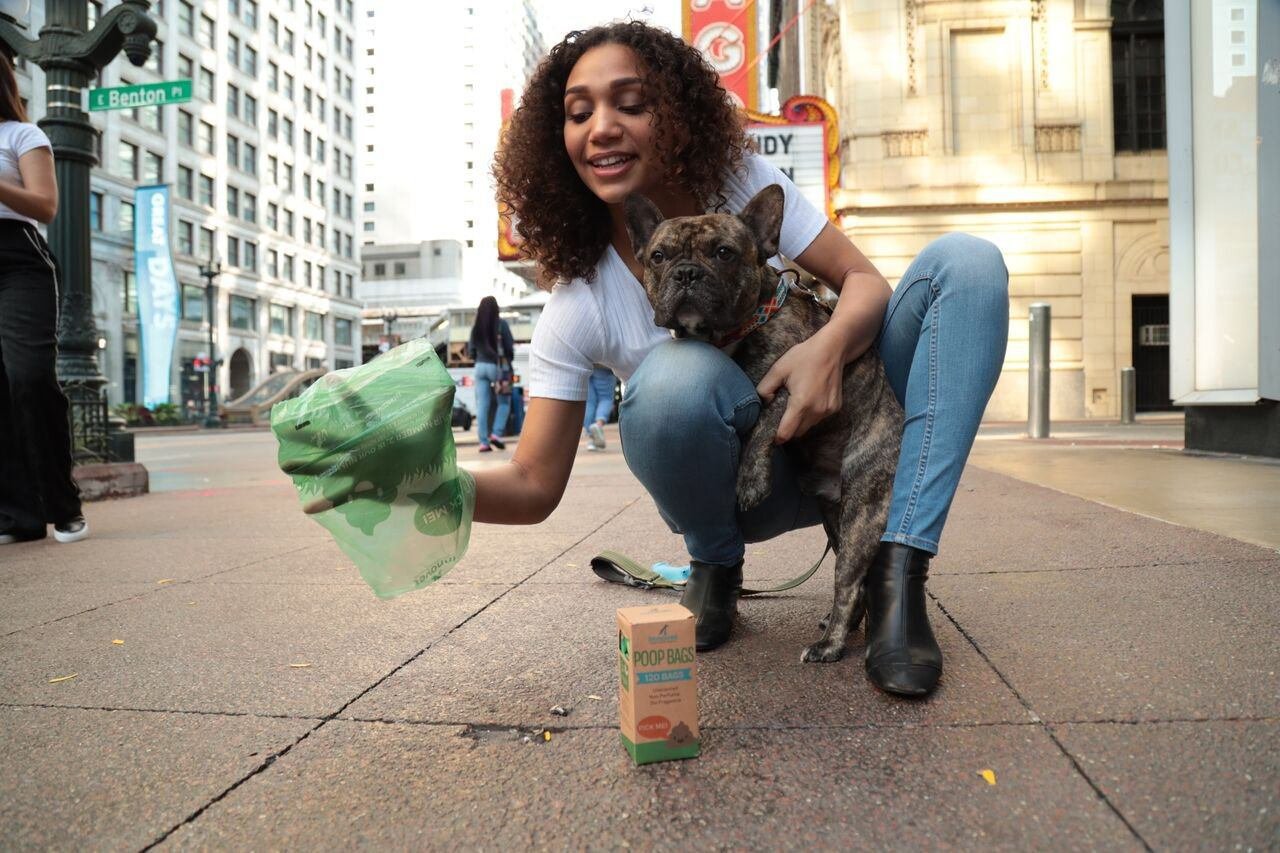 woman holding frenchie dog using poop bag - durable biodegradable dog poop bags designed for everyday walks