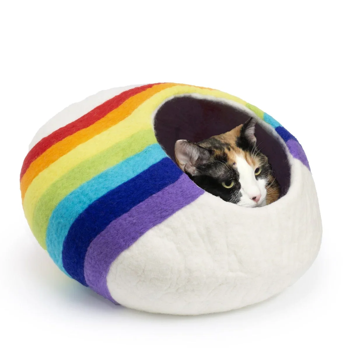 Cat inside New Zealand Wool Rainbow Cat Cave