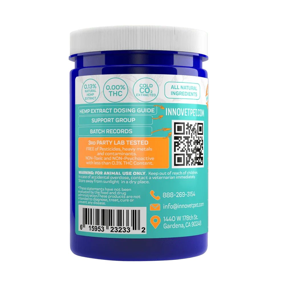 Calming dog supplement by Innovet Pet formulated to help dogs stay relaxed and balanced