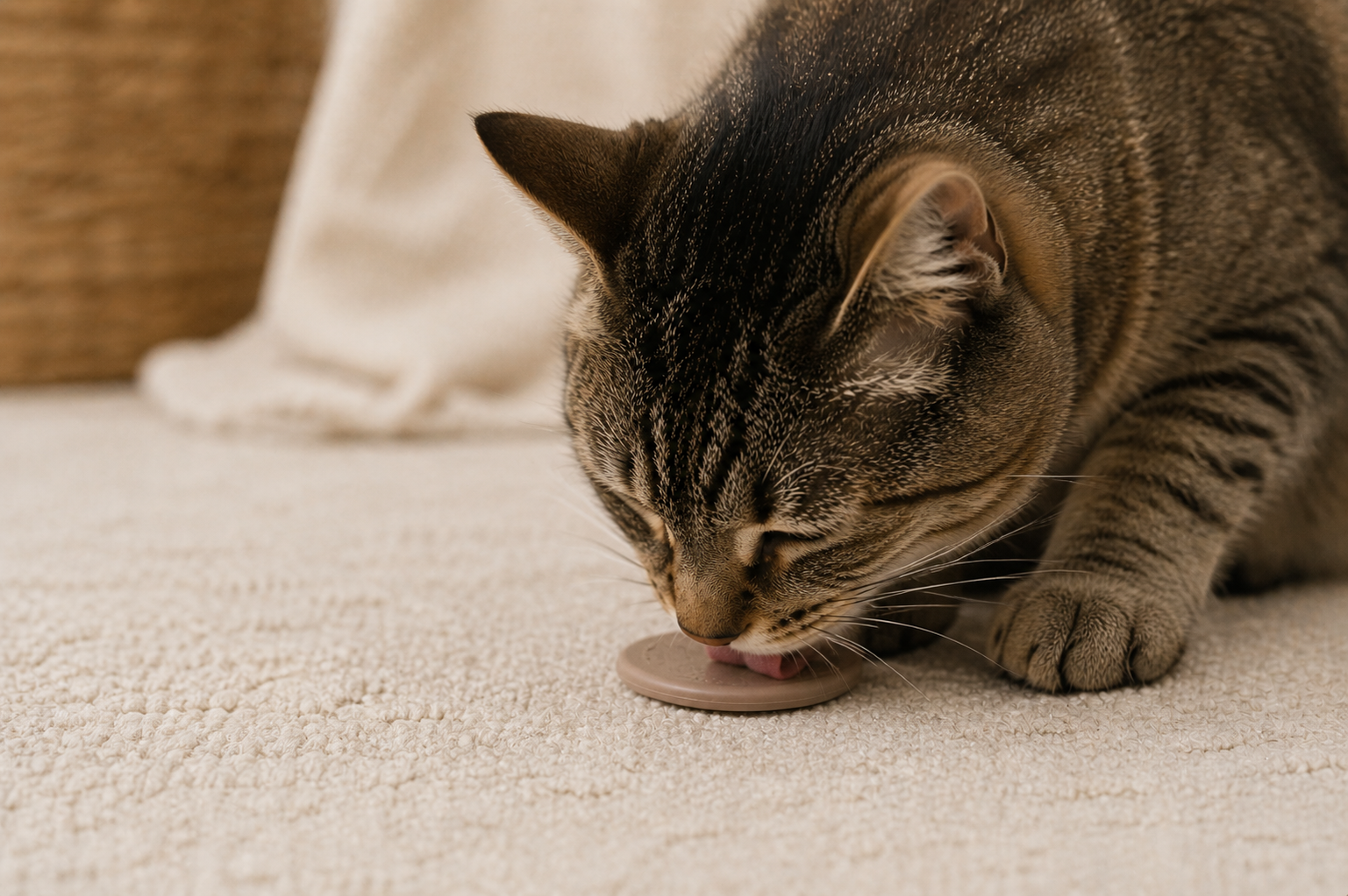 A tabby cat licking a round object on a beige carpet.