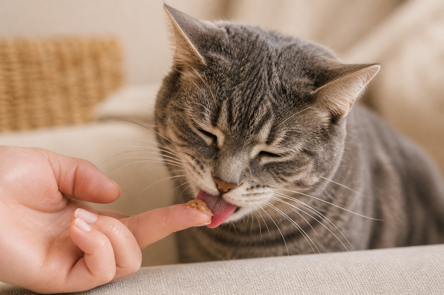 A person feeding a gray tabby cat a treat, the cat is licking the treat from the person's finger.