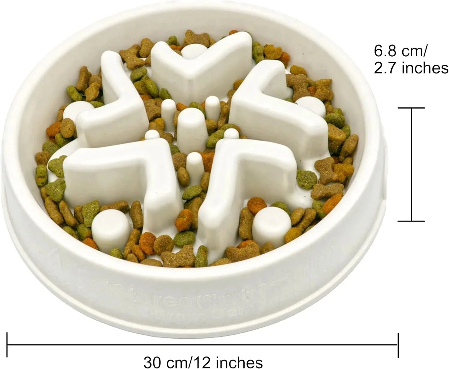 Diagram showing dimensions of large bamboo slow feeder dog bowl with diameter and height measurements
