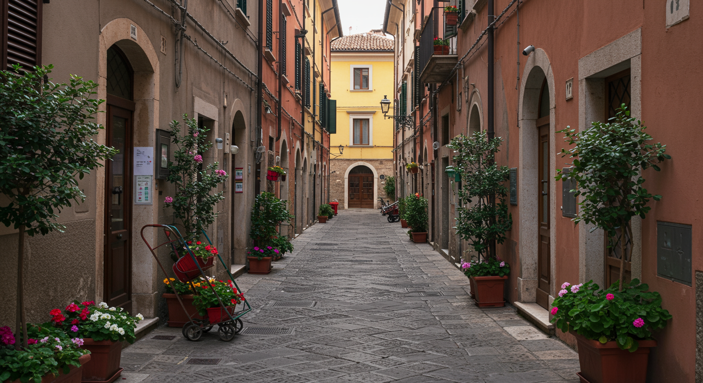 An empty narrow European street with flower pots and a cart, colorful buildings with shutters, and a wooden door at the end.