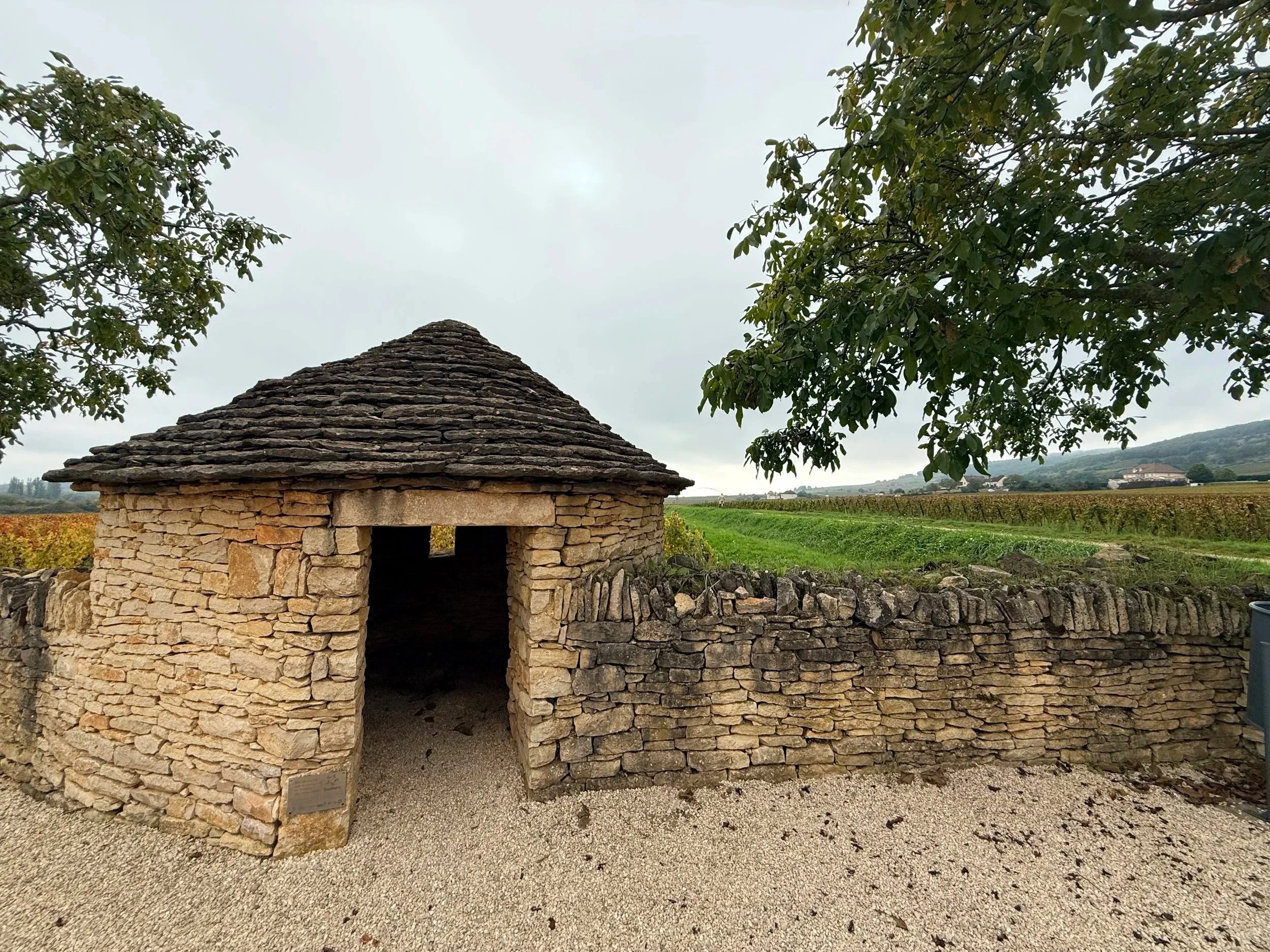 Small stone structure with a conical roof, situated in a rural landscape with vineyards and green fields, overcast sky, and trees on either side.