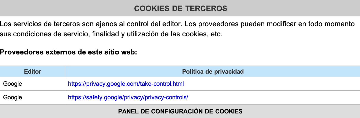 Página de configuración de cookies con instrucciones y enlaces a las políticas de privacidad de Google, en español.