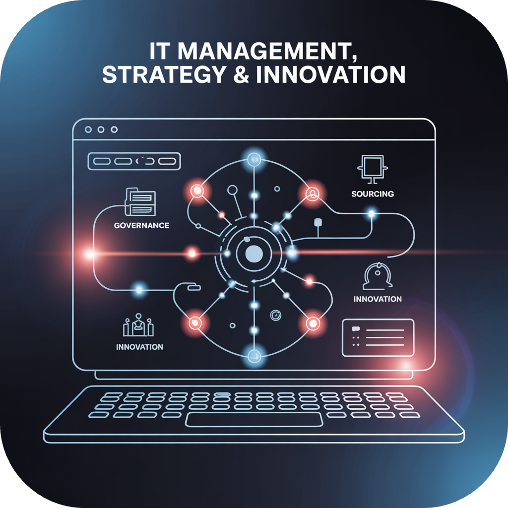 Digital illustration of a computer screen displaying concepts of IT management, strategy, and innovation, with interconnected nodes labeled governance, sourcing, and innovation.