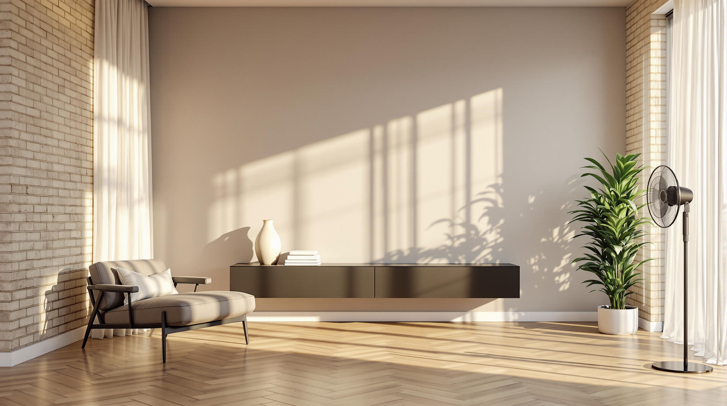 Modern living room with beige sofa, tall potted plant, black floating console, white vase, stacks of books, and a standing fan, illuminated by sunlight through white curtains.