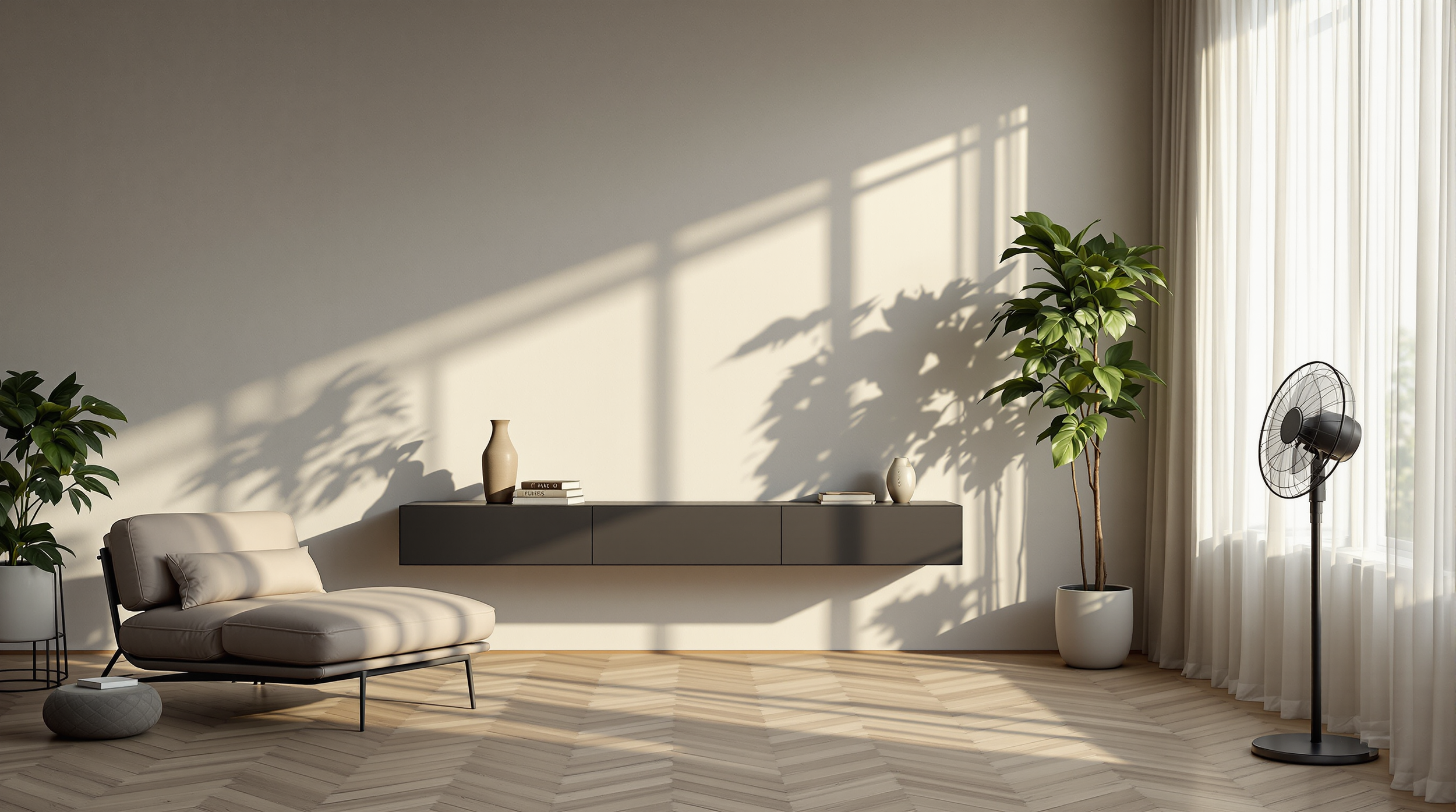 Minimalist living room with sunlight streaming through sheer curtains, casting shadows of large green plants on the cream-colored wall, with a beige sofa, a black floating shelf with decorative vases and books, a tall potted plant, and a standing black fan.