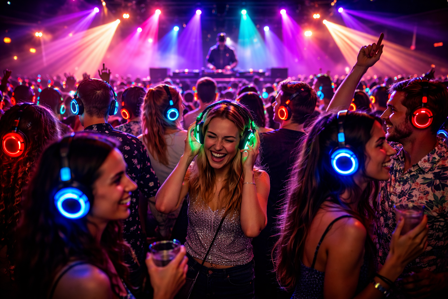 A group of people seated in an auditorium watching a presentation or event with a dark background illuminated by circular light patterns.