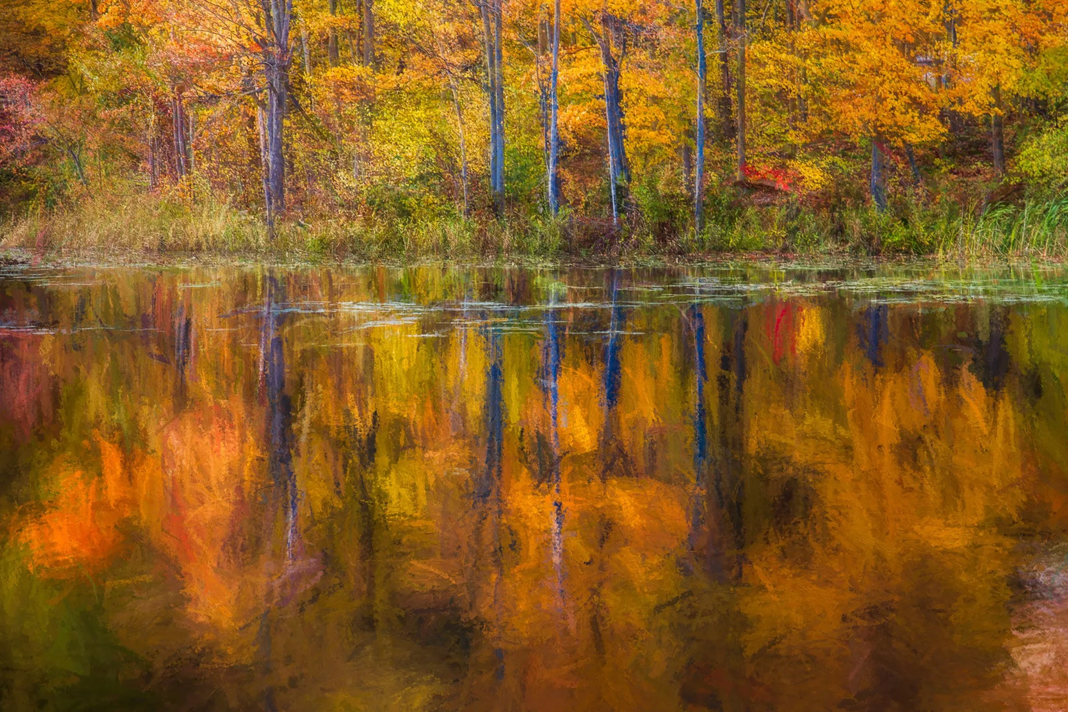 Colorful autumn trees with yellow, orange, and red leaves reflected in a calm lake.