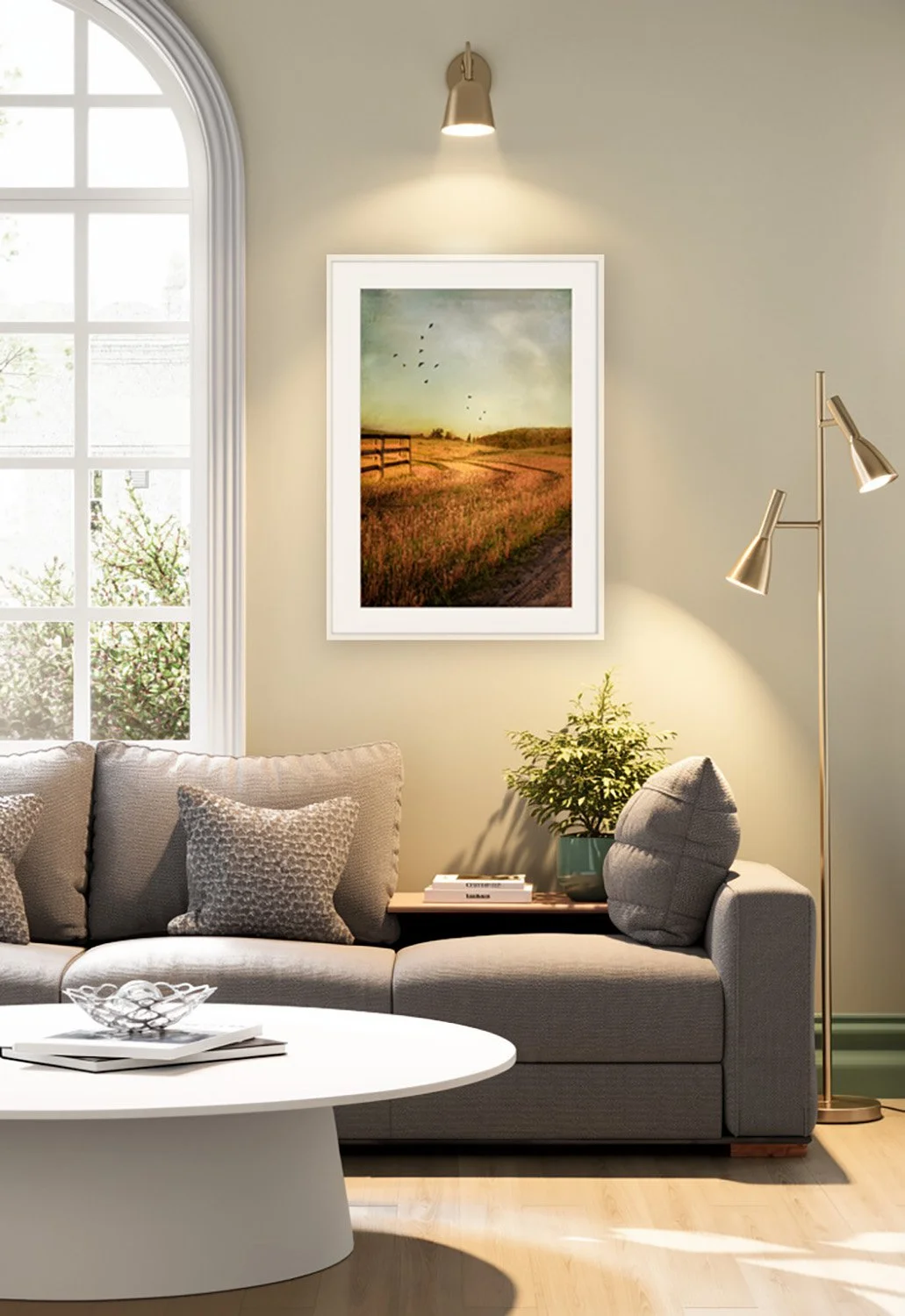 Heading Home by Laura Berman — golden field landscape fine art print displayed in a sunlit living room with arched window