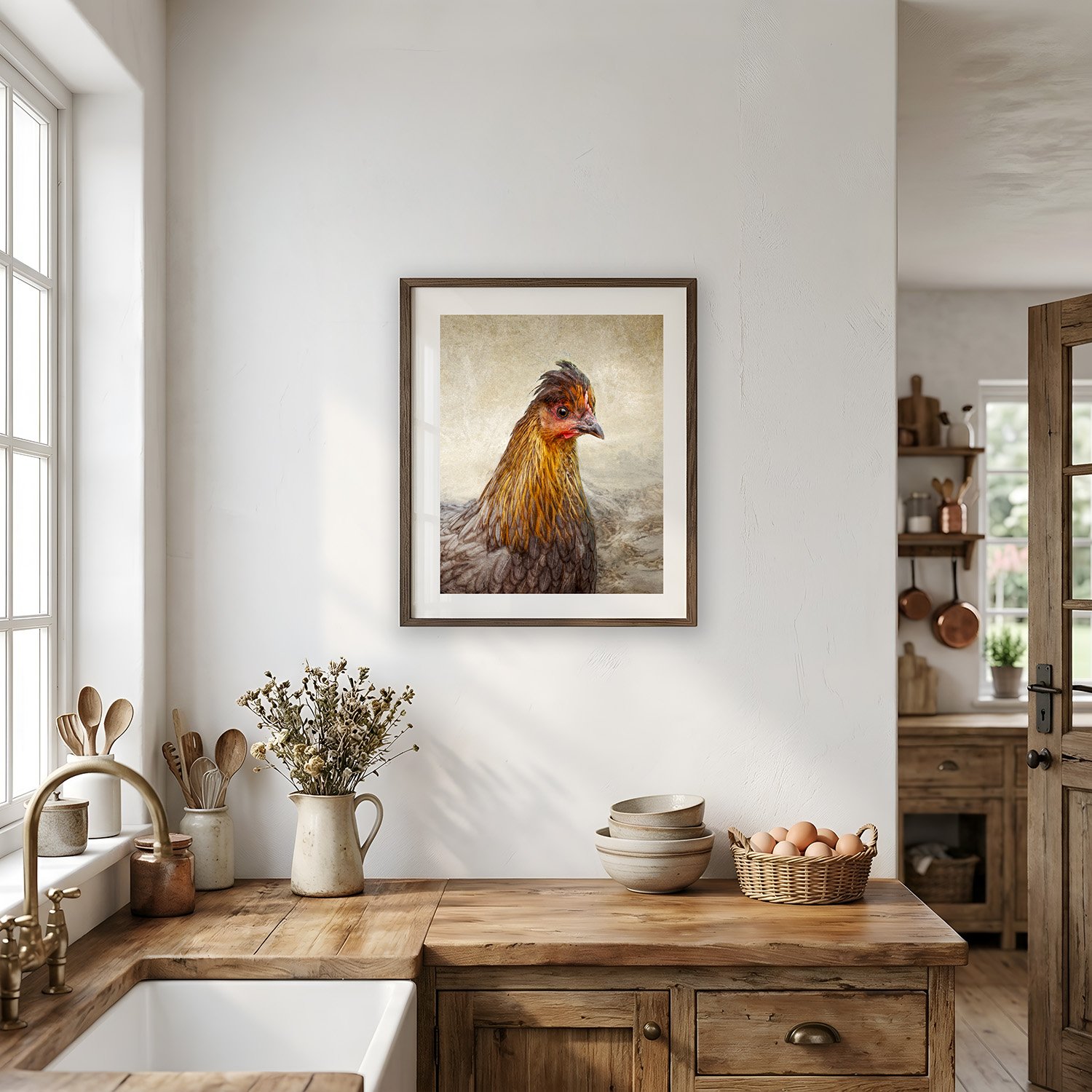 I See You by Laura Berman — hen portrait in a rustic farmhouse kitchen with butcher block counters, copper pots, and eggs in a basket