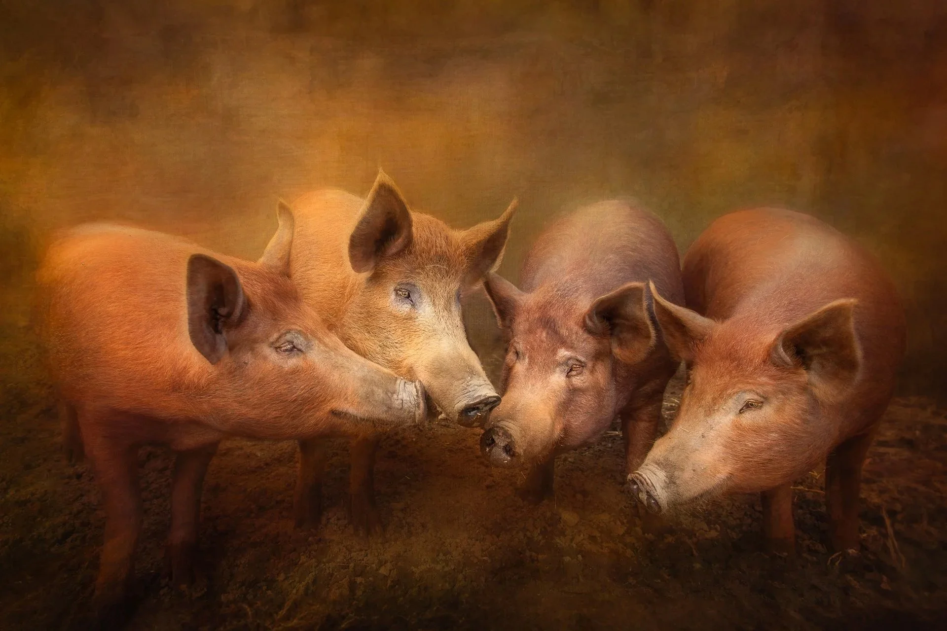 Four pigs standing close together on dirt ground with blurred brown background.