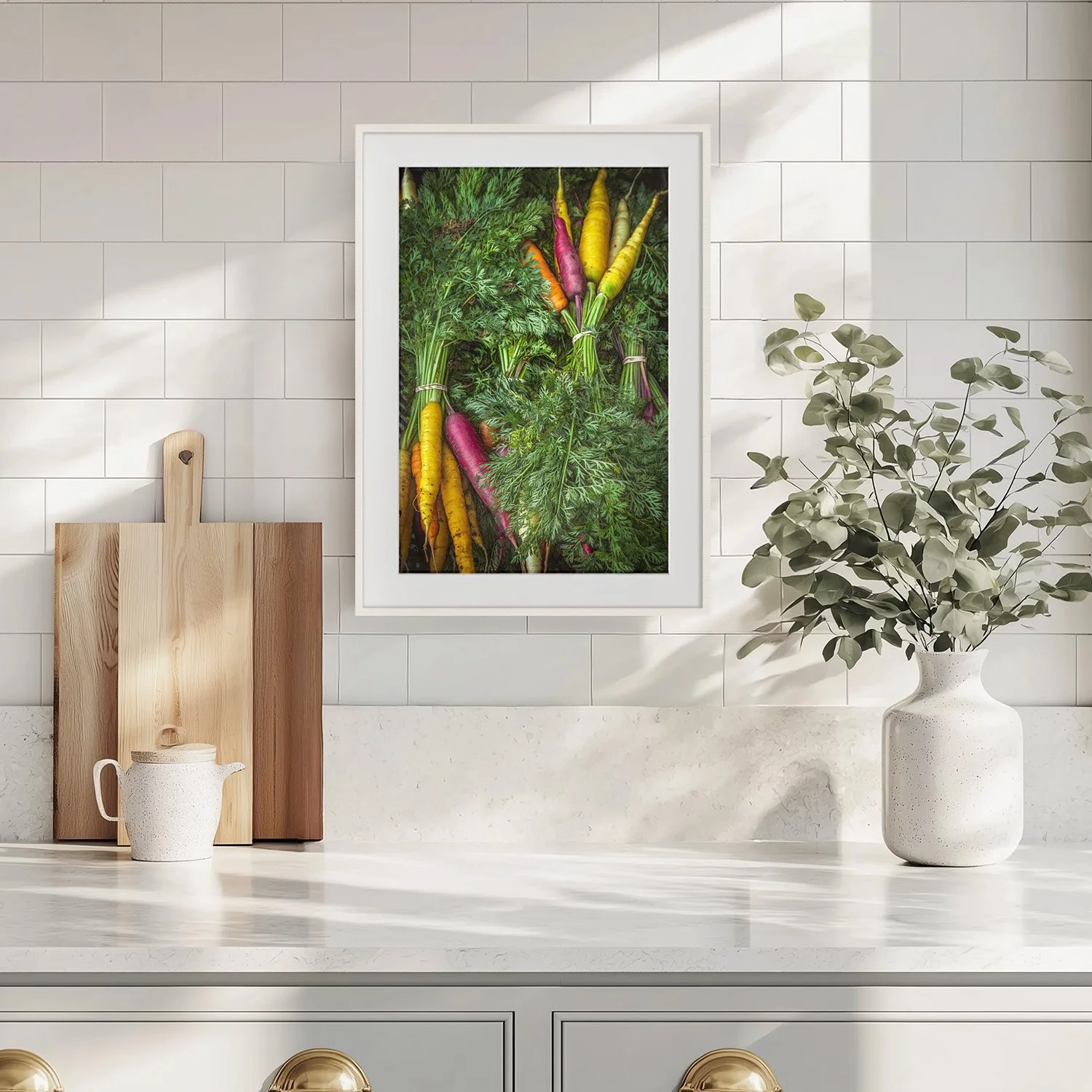 Over the Rainbow — painterly fine art print of heritage rainbow carrots by Laura Berman