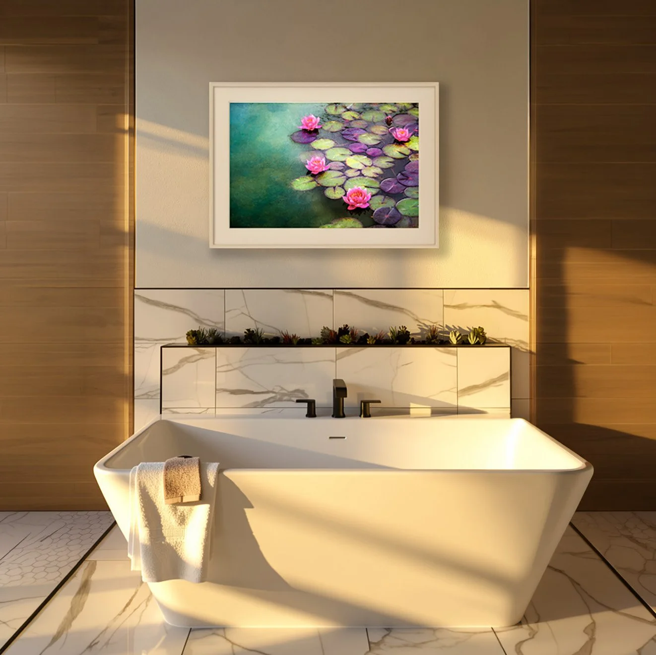 Water Nymphs by Laura Berman — water lily fine art print in a modern bathroom above a soaking tub with marble surround.