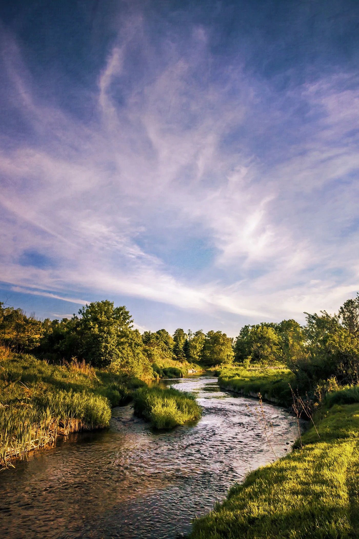 A peaceful river flowing through a lush green landscape with trees on either side, under a bright sky with wispy clouds.