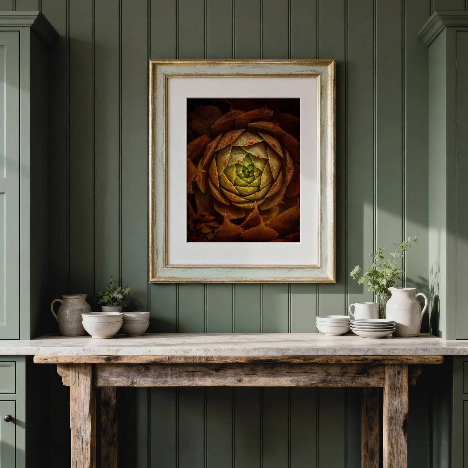 Always — painterly fine art print of a sempervivum succulent spiraling from copper to green by Laura Berman