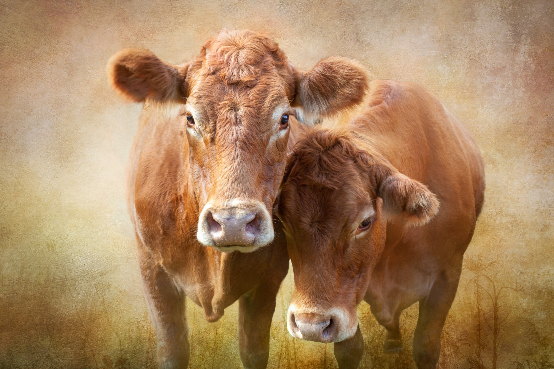 Two brown cows standing close together against a textured background.