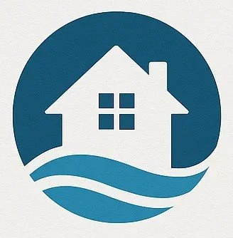 A house inside a circle with water waves below it, representing flood protection or flood awareness