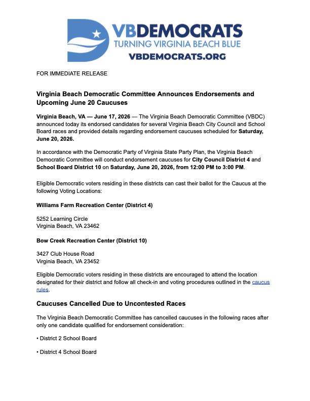 VBDC Endorsements Announced &amp; Caucuses This Saturday!