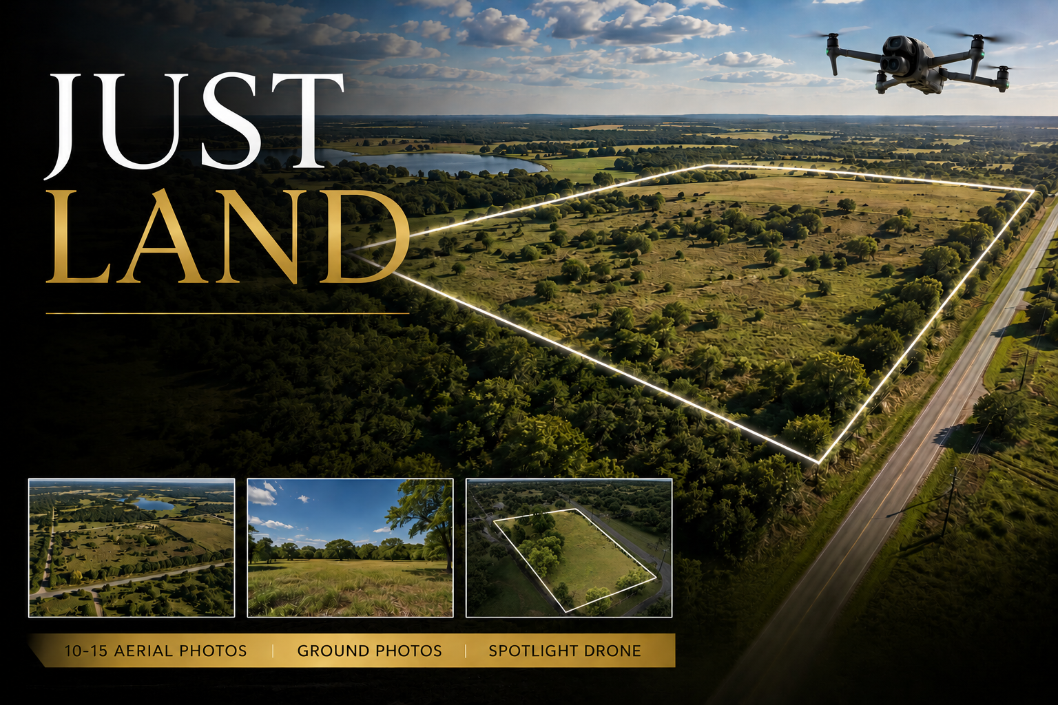 Green field with trees and blue sky, overlaid with the white text 'JUST LAND'.