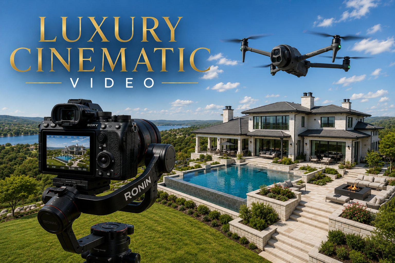 Multiple camera lenses on a black surface with smoke and the overlay text 'luxury cinematic video'.