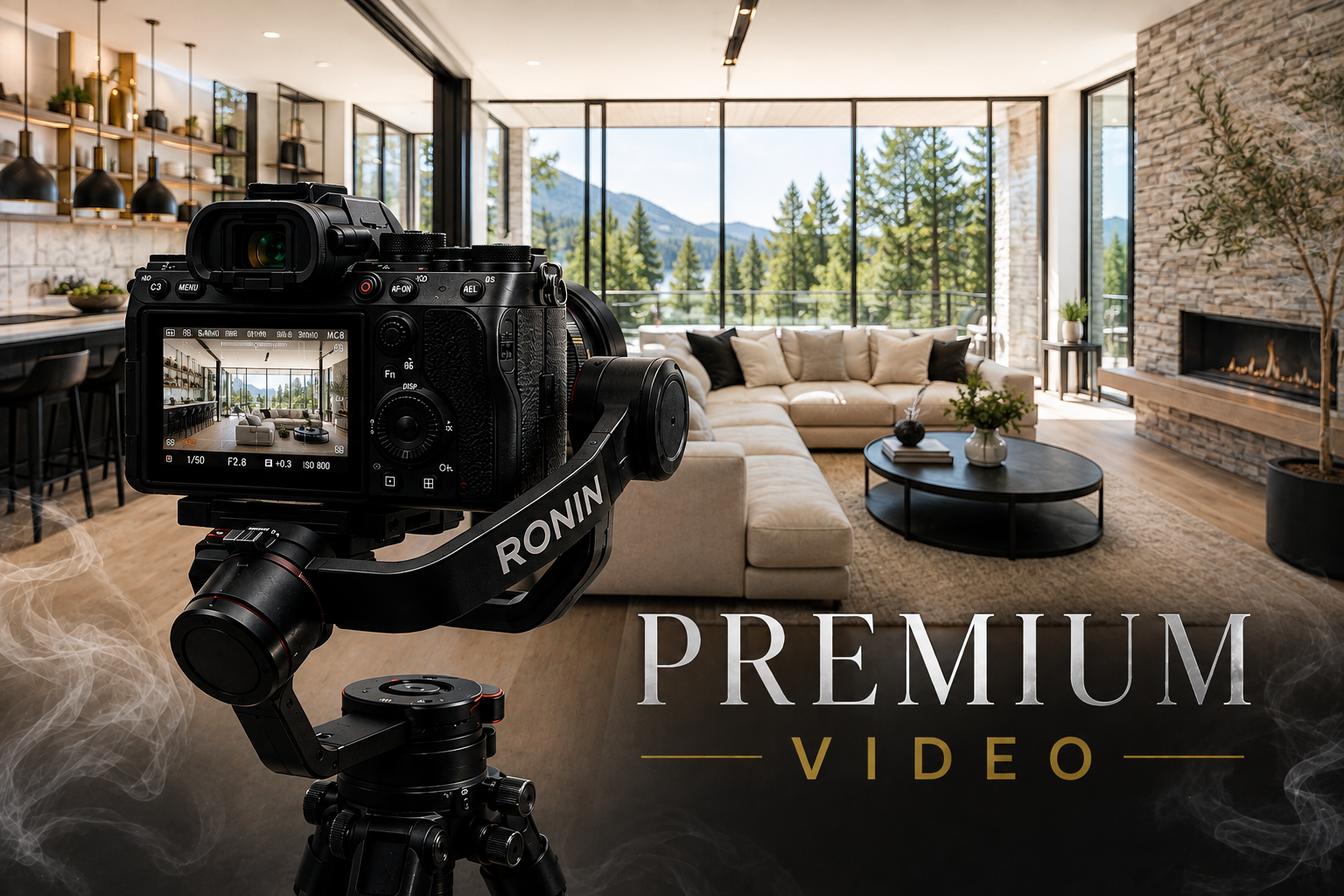 A camera with smoke swirling around it and the words 'Premium Video' written over it.