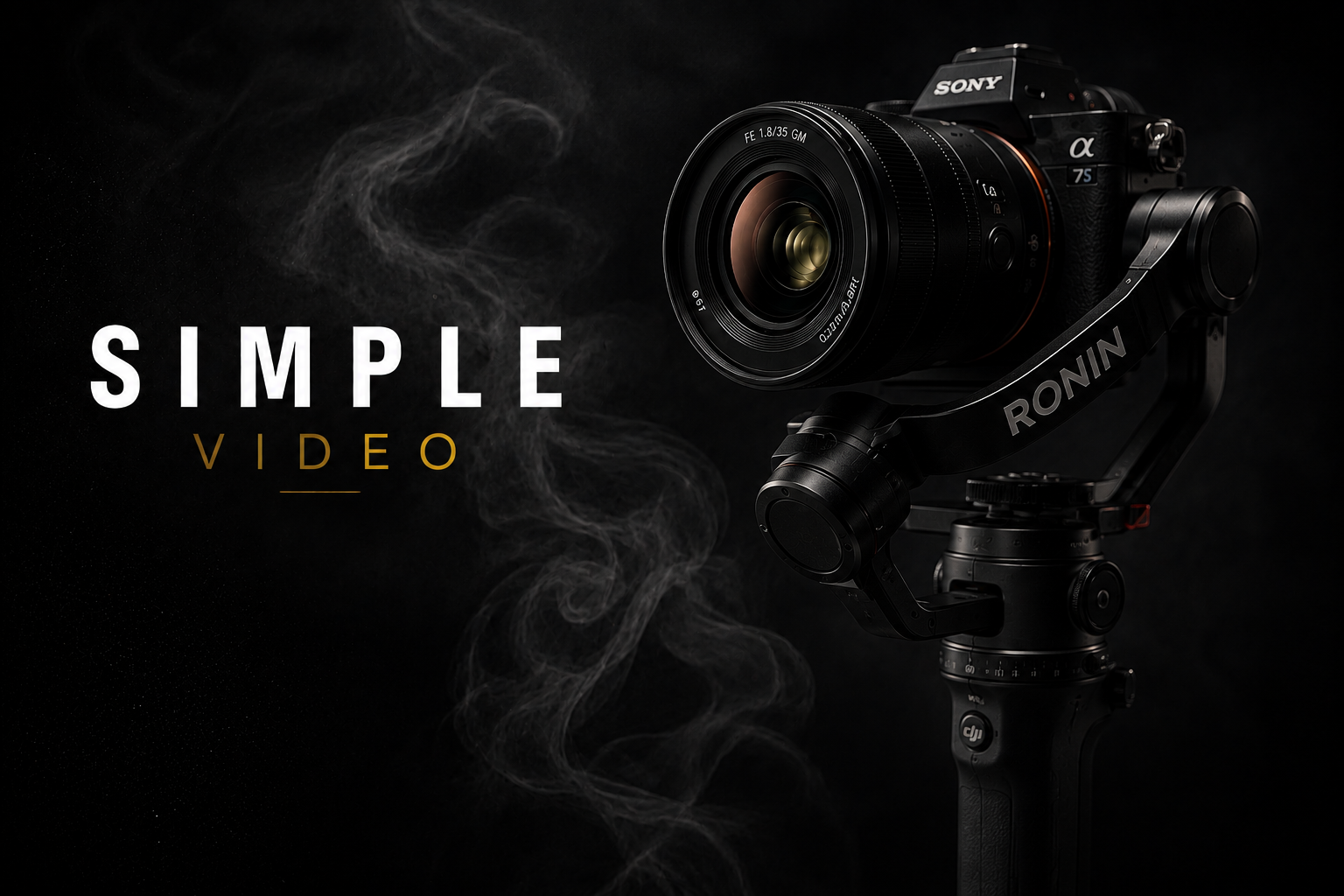 Close-up of a camera lens with smoke effects and the text 'SIMPLE VIDEO' overlaid.