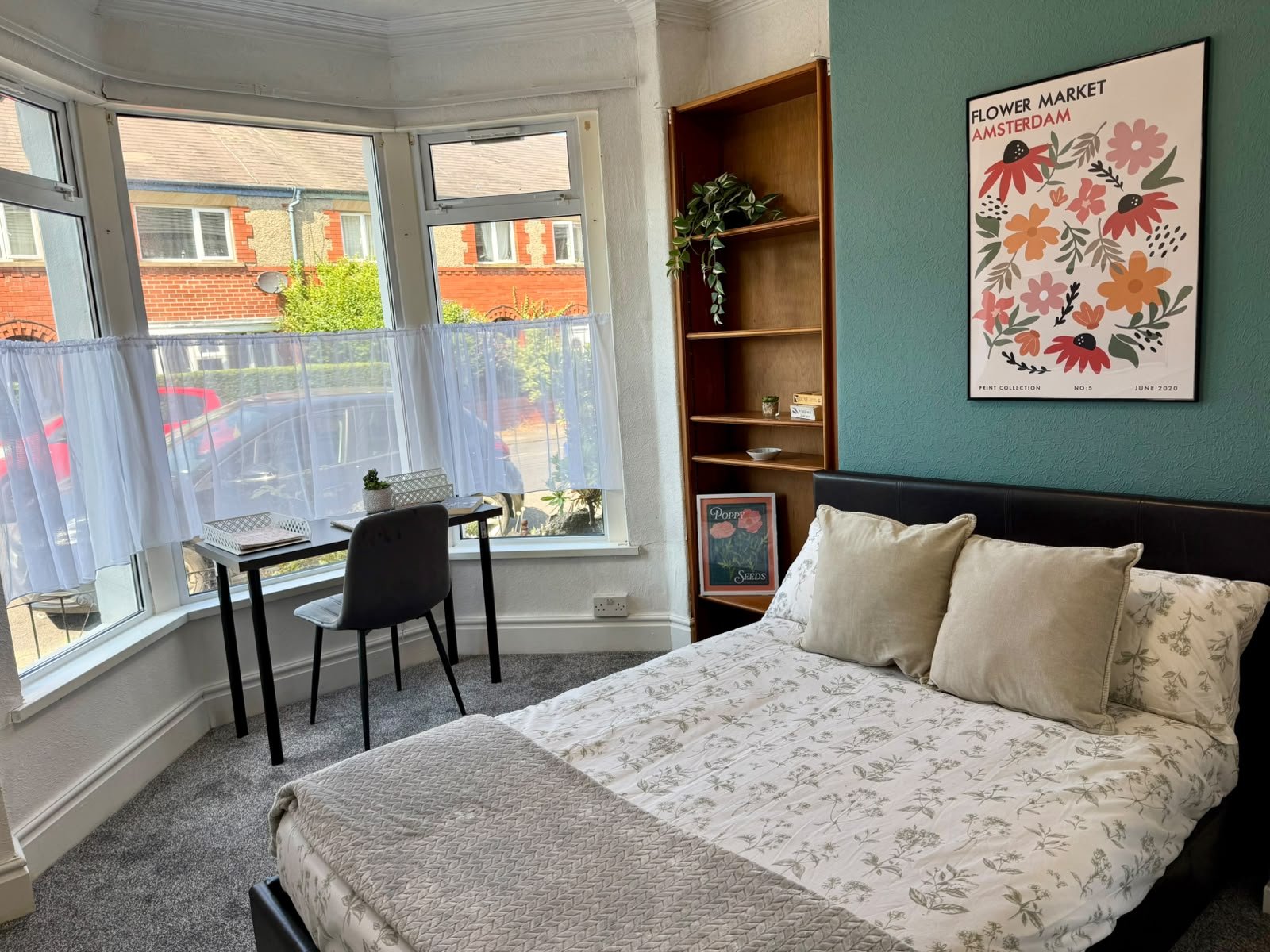 A cozy bedroom with a bed, pillows, a black headboard, a green accent wall, a framed flower print, a wooden shelf with decorations, and a desk near a large bay window with white curtains, overlooking a residential street.