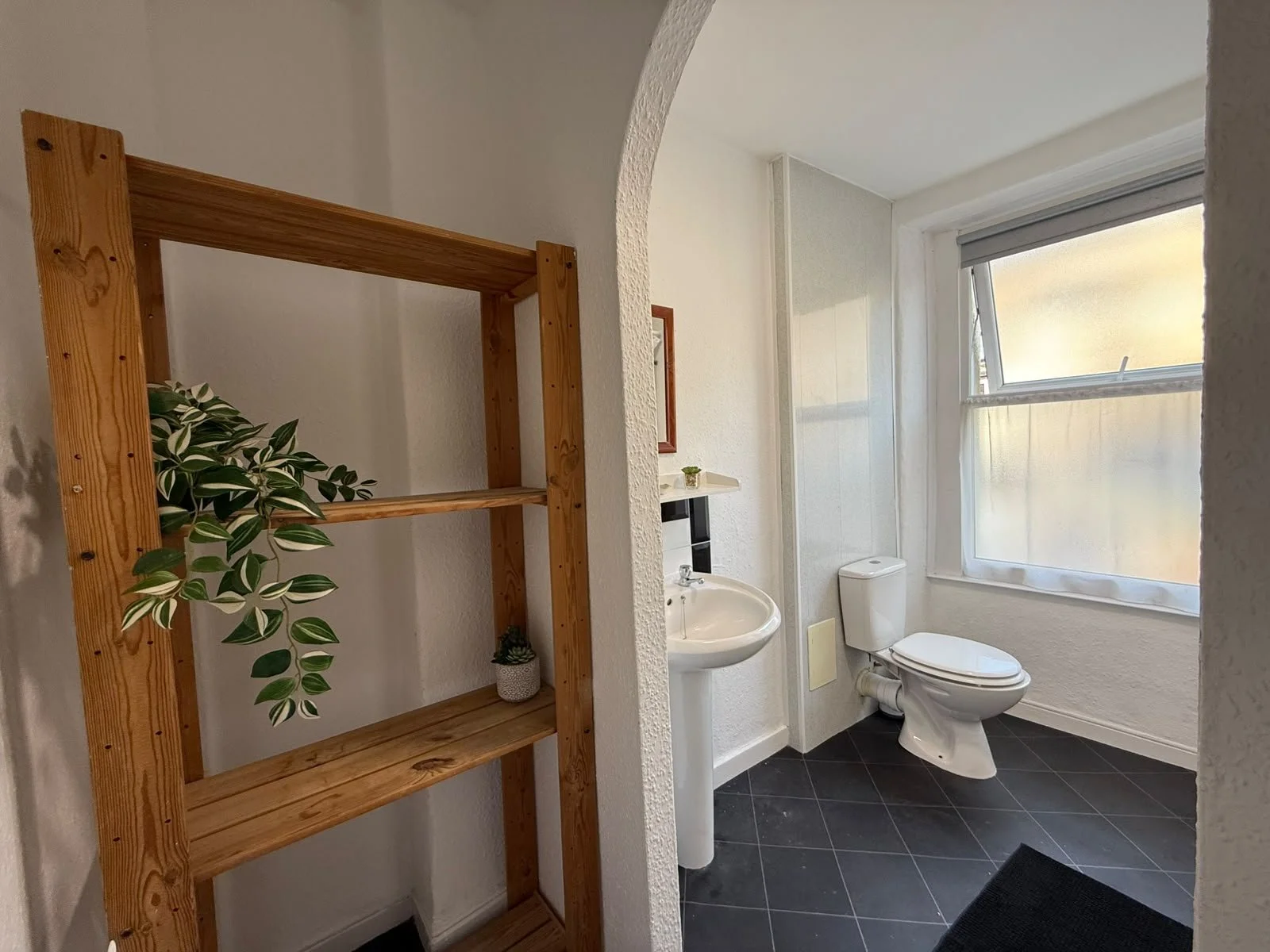 A small bathroom with a toilet, sink, and a large window with frosted glass. There is a wooden shelving unit on the left side with some plants and decor.