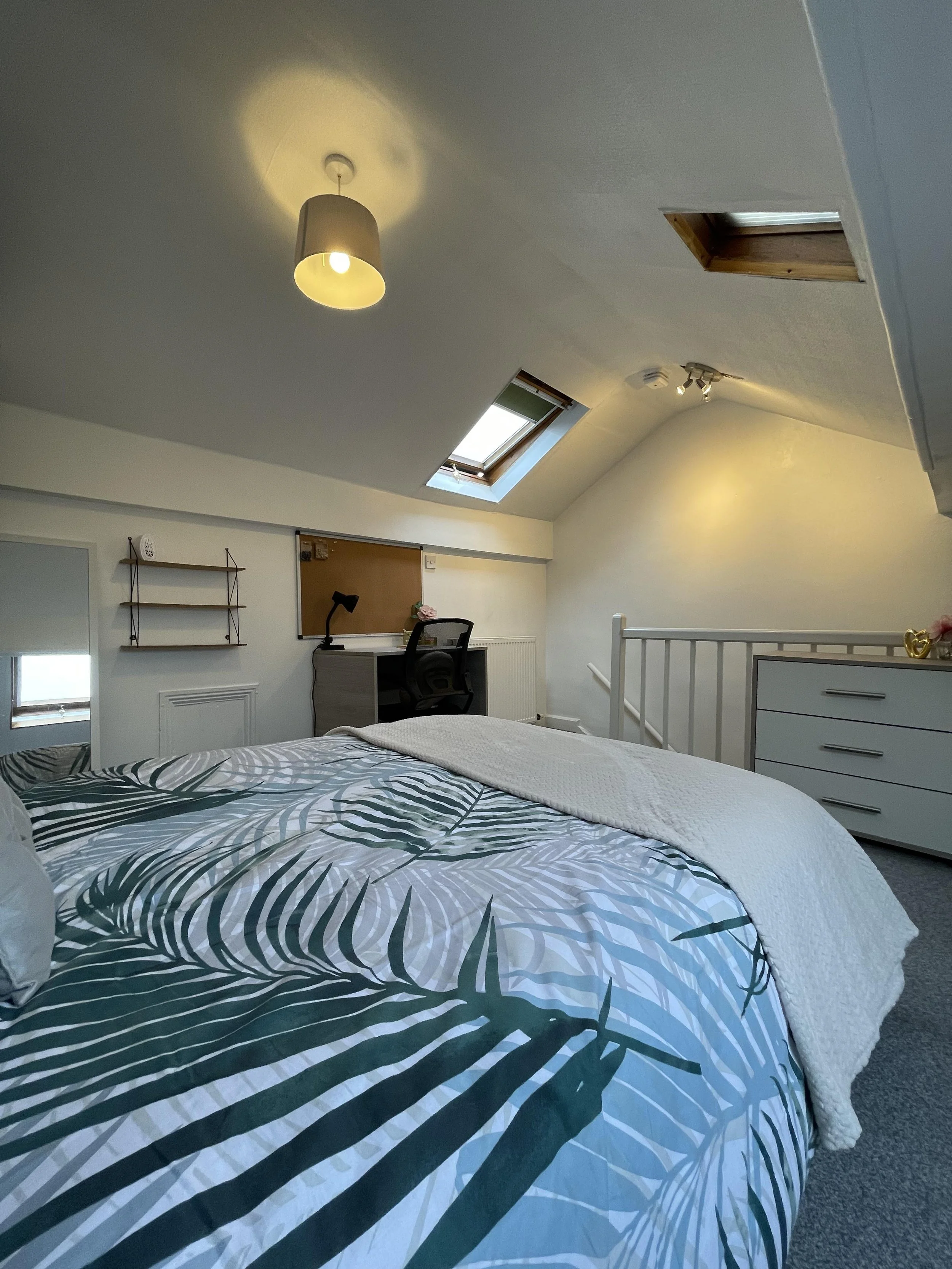 Bedroom with a sloped ceiling, skylights, a bed with tropical leaf-patterned bedding, a white dresser, a small desk with a chair and lamp, and a ceiling light.