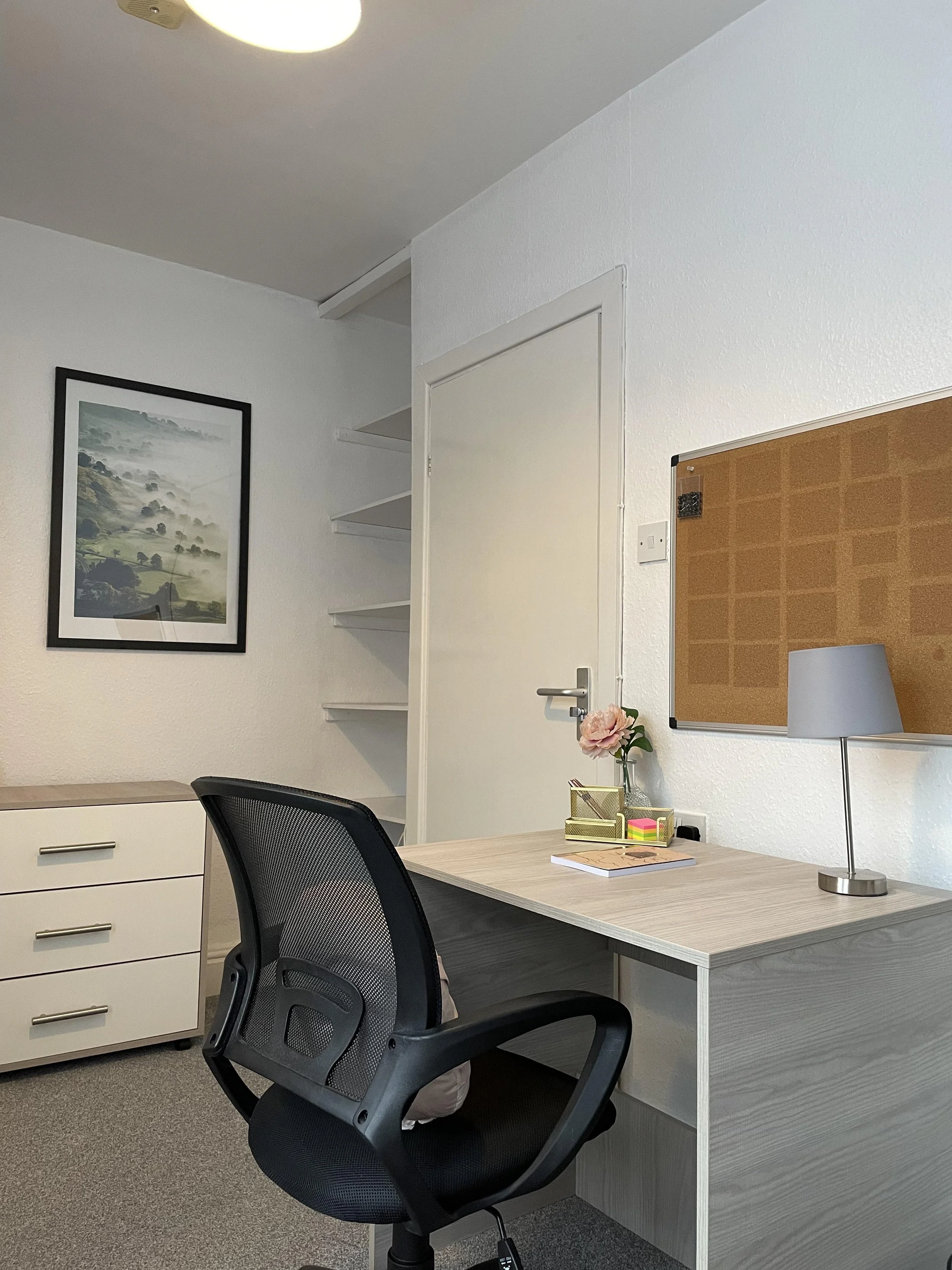 Office interior with a desk, chair, file cabinet, and wall decorations including a framed picture and a bulletin board.