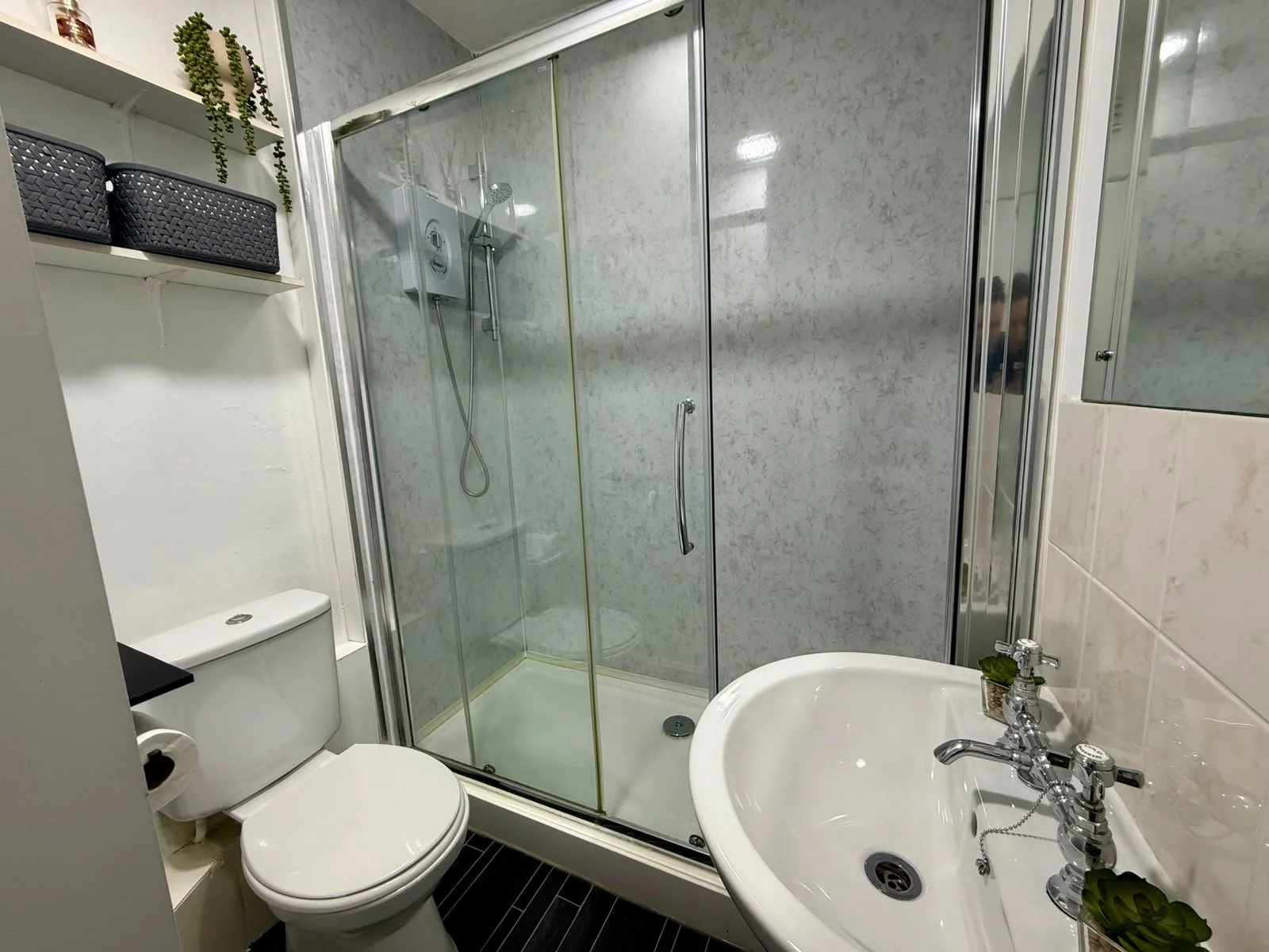Small bathroom with a toilet, a corner shower with clear glass doors, a white sink with a chrome faucet, and shelves with black baskets and a hanging plant.
