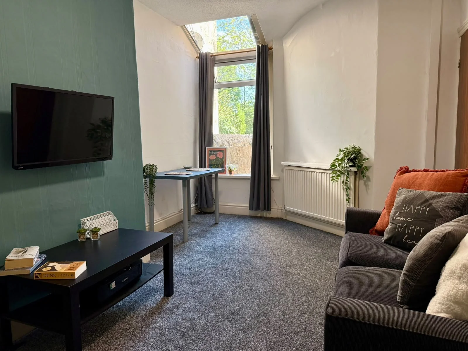 A cozy living room with a gray sofa, decorative pillows, and a small black coffee table with books and vases. A wall-mounted flat-screen TV, a small table with plants and books, a window with gray curtains, and a white radiator are visible. There is 
