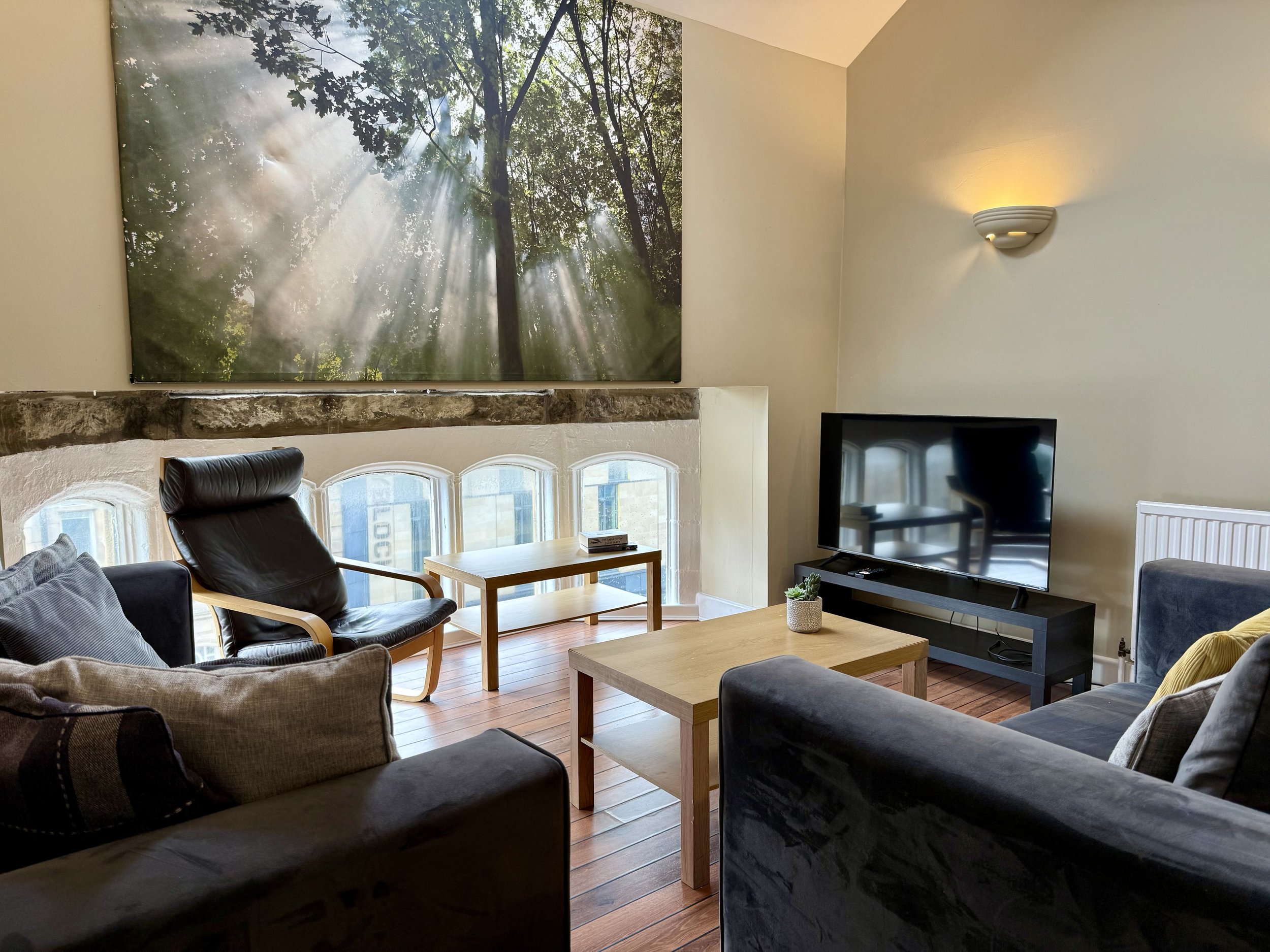 Living room with a large wall-mounted forest scene, sunlight coming through trees, and a top skylight. Contains a black leather armchair, a sofa with plaid pillows, a TV on a stand, and two wall sconces.