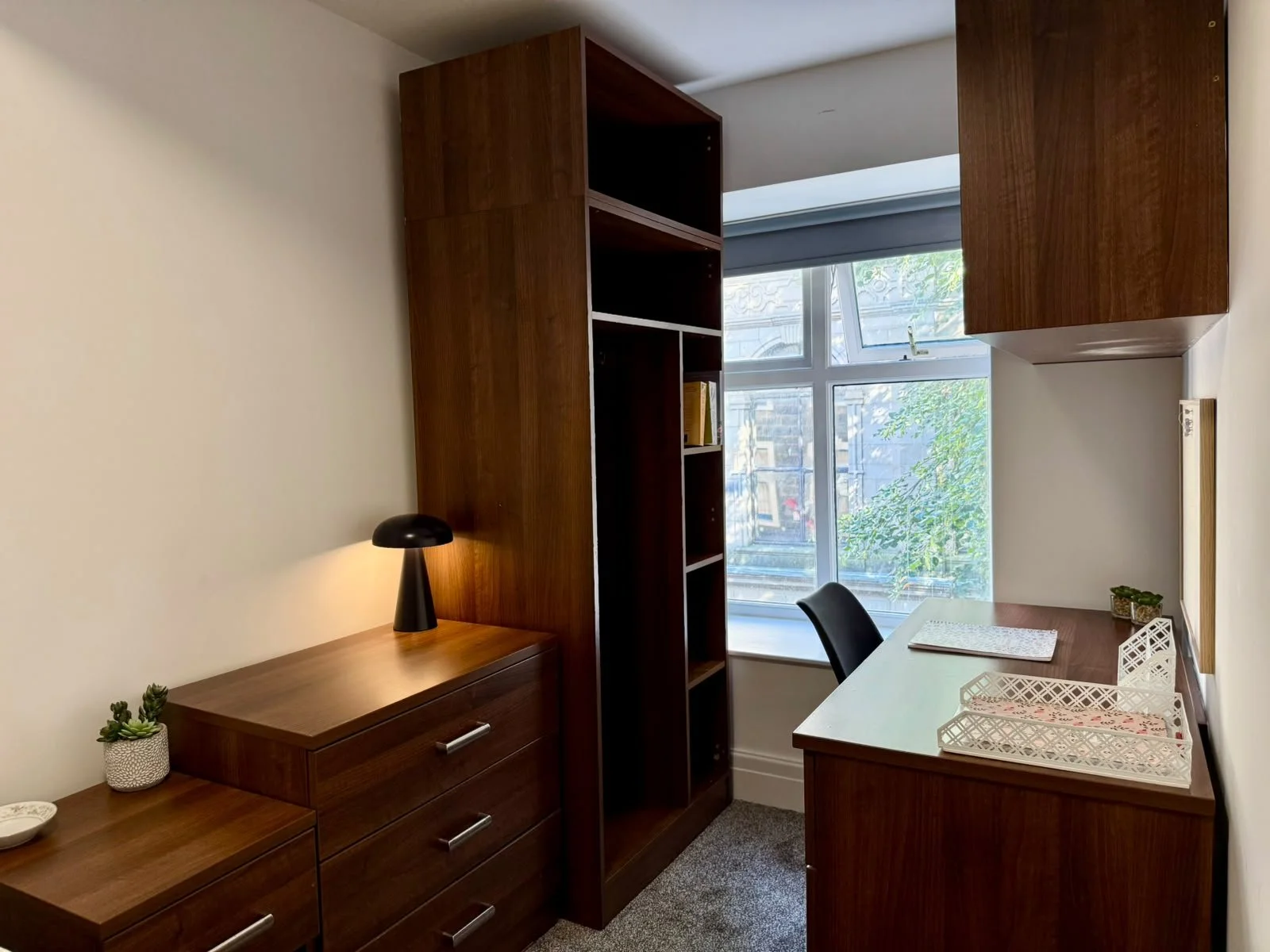 A cozy office space with wooden furniture, a black table lamp on a dresser, a small succulent plant, a window with trees outside, a desk with notebooks and decorative baskets, and a bookshelf.