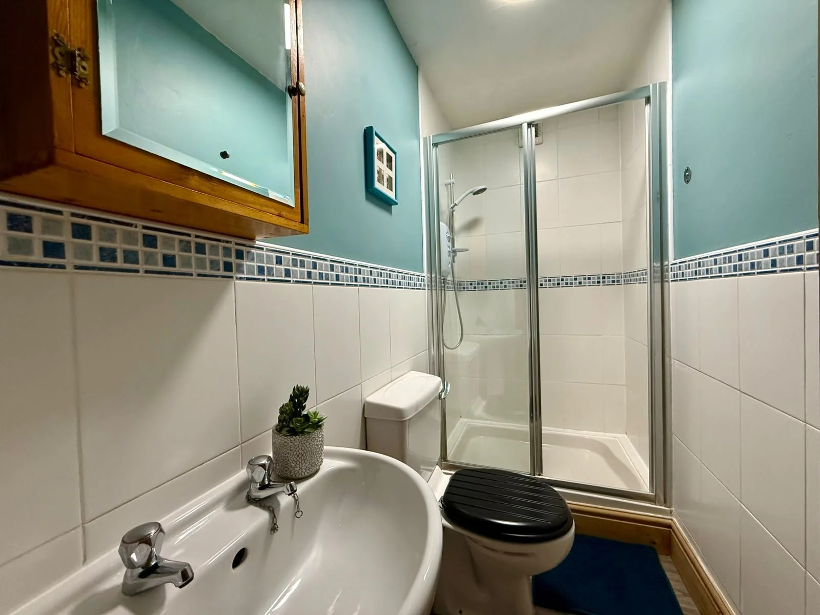 Small bathroom with teal walls, white tiles with a decorative blue tile border, a corner shower stall with glass doors, a white toilet with a black seat cover, a white double sink with a small potted plant, and a wooden medicine cabinet.