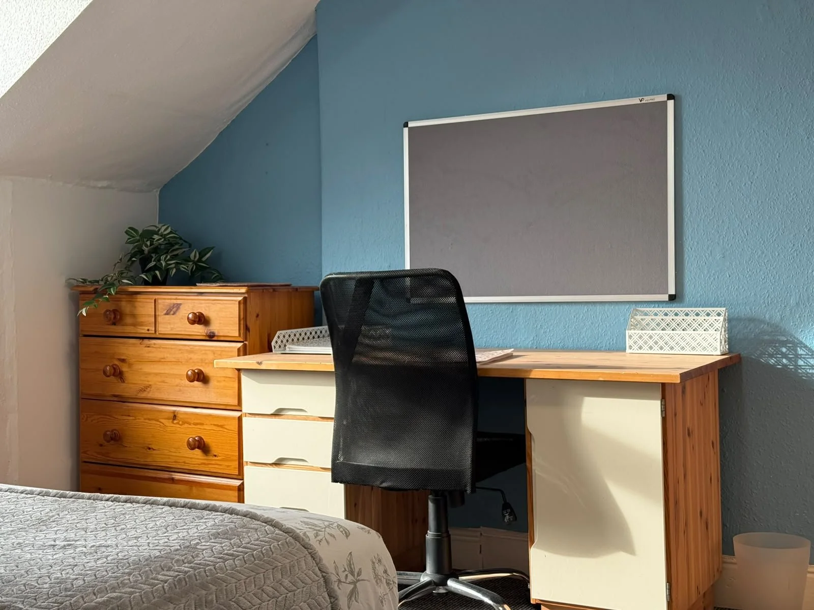 A room with a wooden dresser, a small bookshelf, and a desk with a black office chair. There is a gray bulletin board on a blue wall and a small plant on top of the dresser.