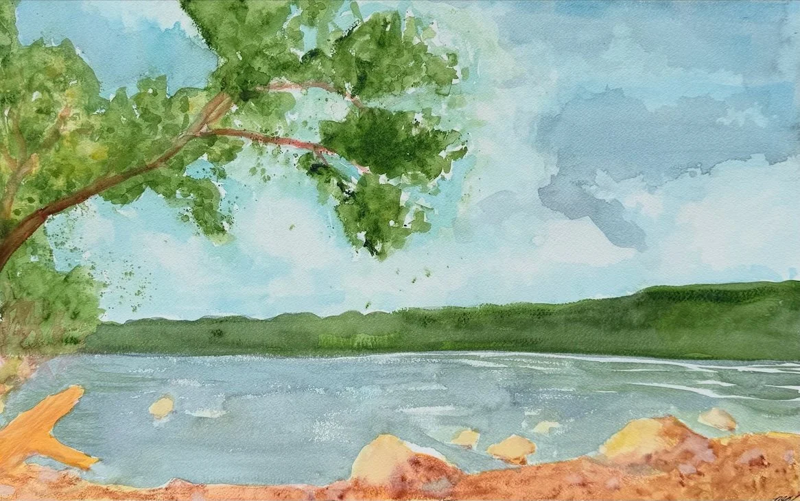 Watercolor landscape painting of the Delaware River near Frenchtown, New Jersey, viewed from beneath a leafy tree along the shoreline.