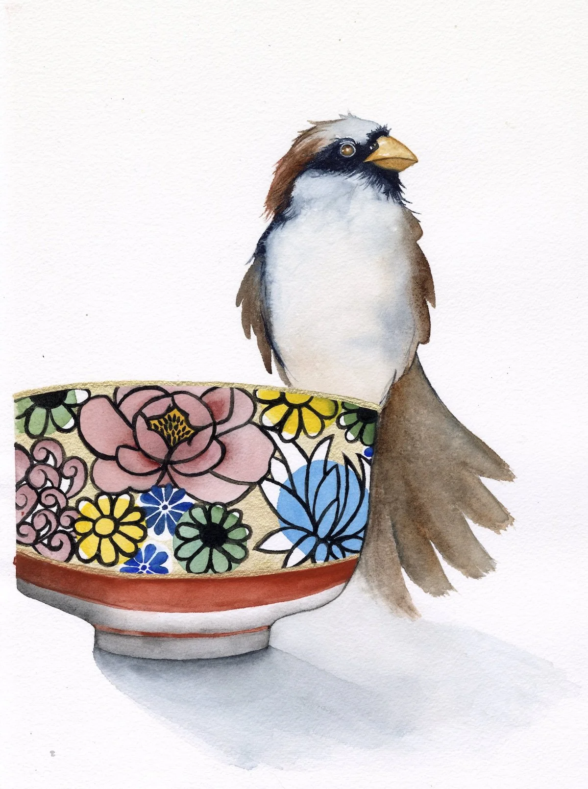 Sparrow on Teacup · Watercolor Painting (2025) · An everyday bird with a treasured vintage Japanese teacup received as a gift