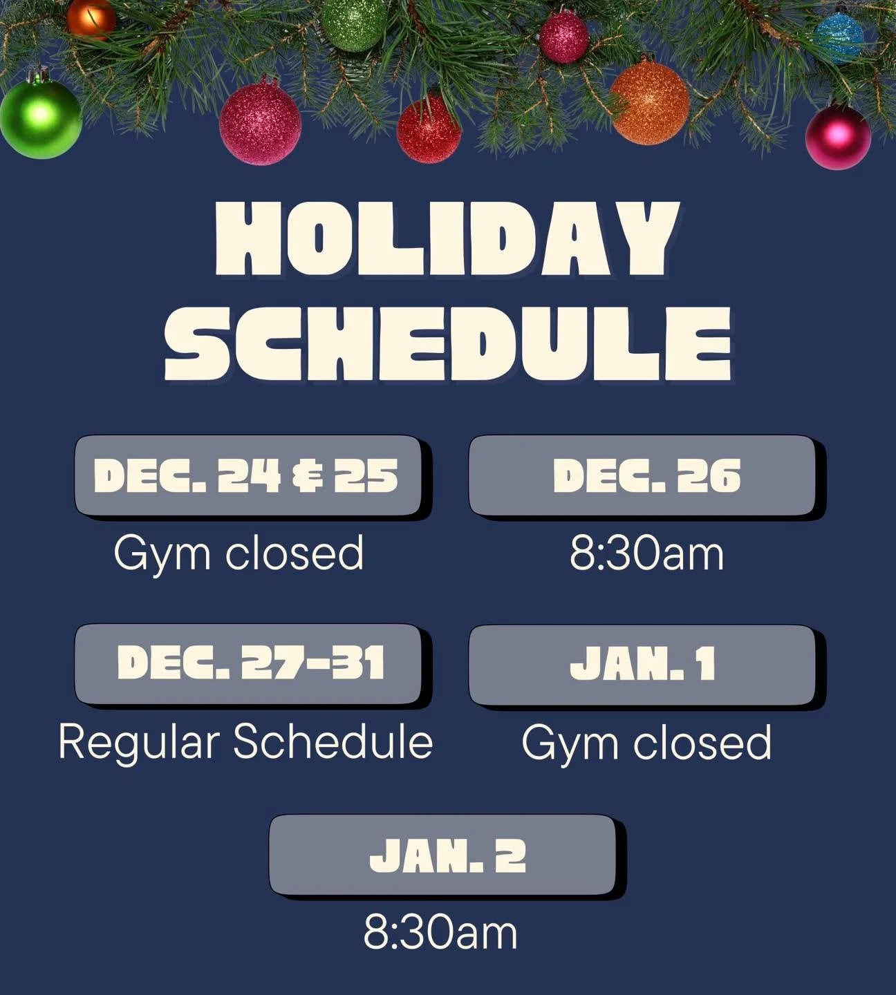 Visiting Lake Country for the holidays? Join us for a workout (or two)! 
Check out our holiday schedule for adjusted class times. 

#lakecountry #lakecountrywi #oconcrossfit #gym #CrossFitCommunity #CrossFit #crossfit #crossﬁtcommunity #lakecountrywi