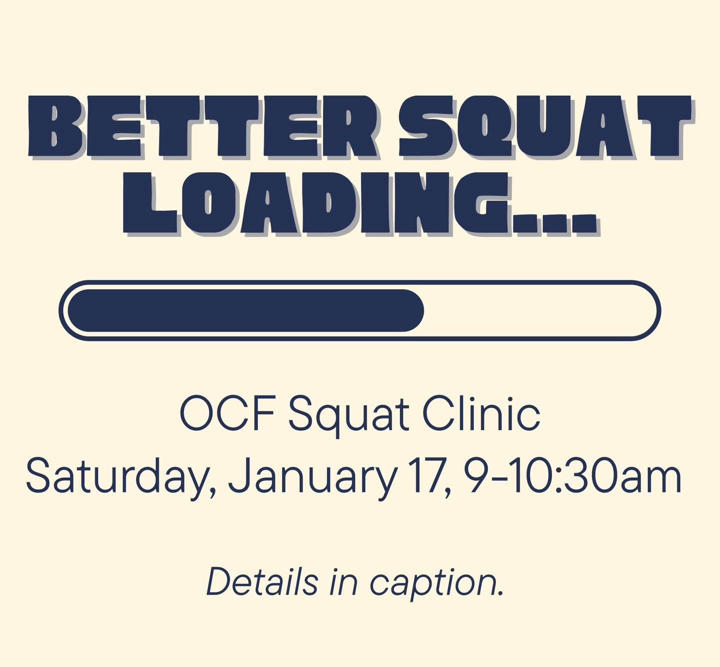 Join us this Saturday for OCF&rsquo;s Squat Clinic! Learn the basics, improve your technique, and maybe even hit a PR 😎
⭐️ Fundamentals of air, front, back, and overhead squats
⭐️ Hip, knee, ankle mobility self-assessment
⭐️ Coffee &amp; snacks prov