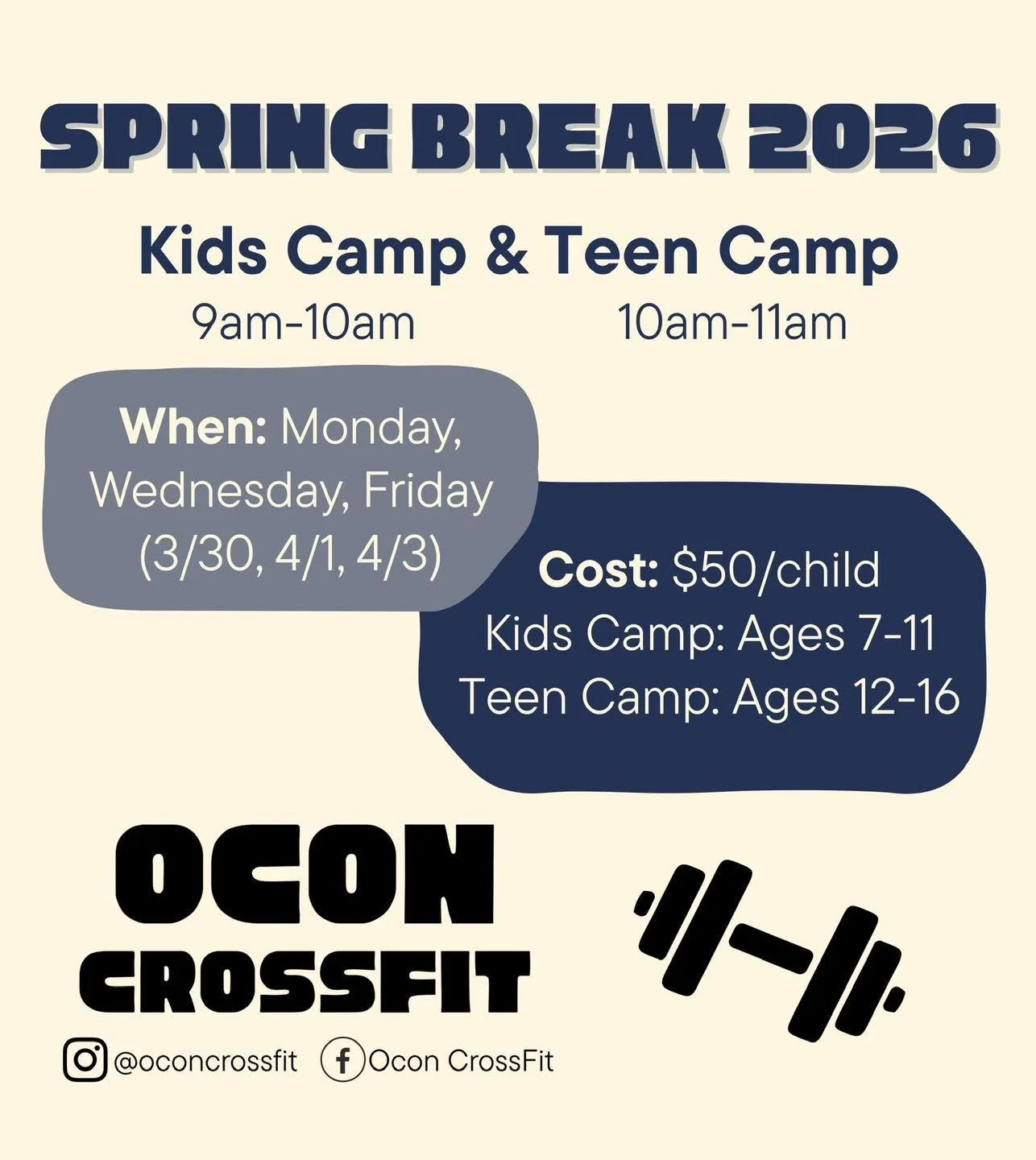 Looking for something for your child to do over spring break? Look no further! 
Introducing Kids Camp &amp; Teen Camp with OCF! 💪🏻😎
Each will teach age appropriate foundational movements through activities and games, encouraging participants to bu