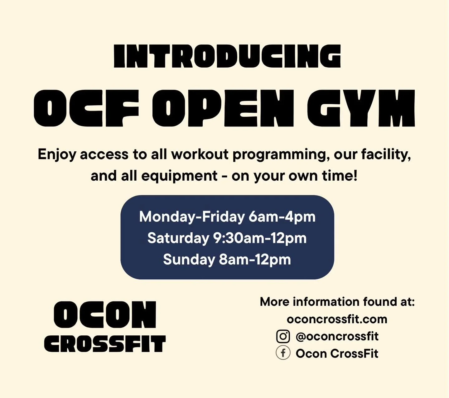 Want to workout, but can&rsquo;t make it to classes? We now have open gym hours! 🤩
Fit your workout in at your convenience while enjoying our programming, facility, and equipment! 

Interested in trying out OCF? Drop into a class today! 

#fitnessco