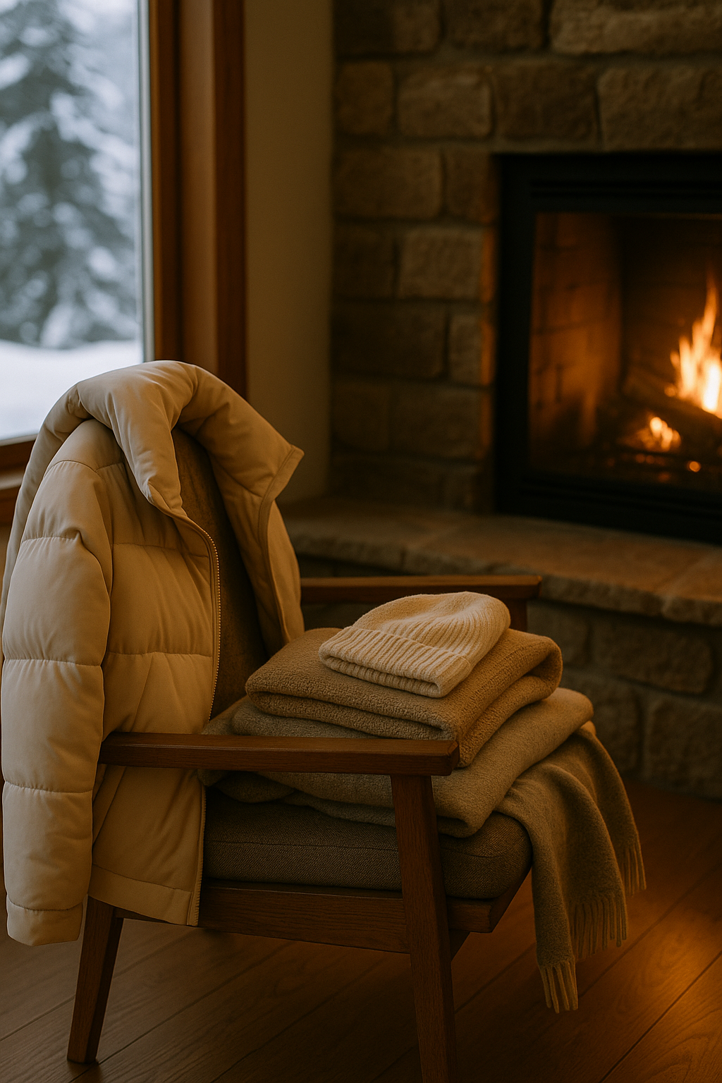 Elevated ski weekend layers styled by a cozy alpine fireplace