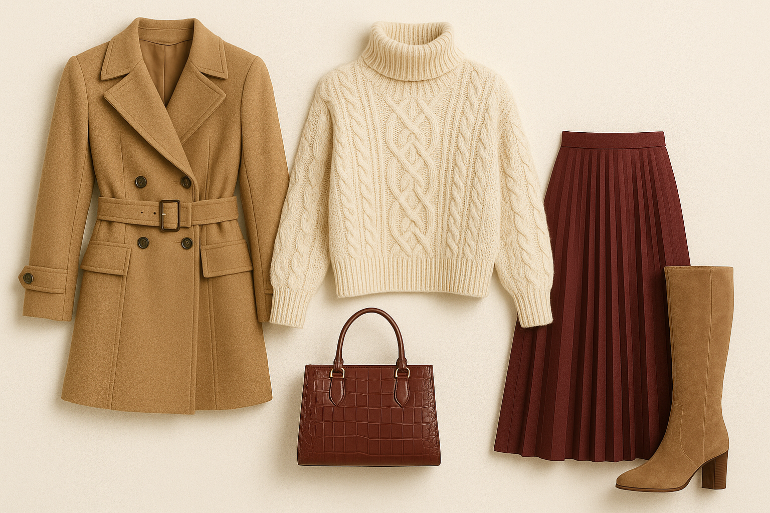 Winter outfit flat lay with camel wool coat, cream cable knit turtleneck sweater, burgundy pleated skirt, brown knee-high boots, and structured leather handbag — elegant cold-weather travel style.