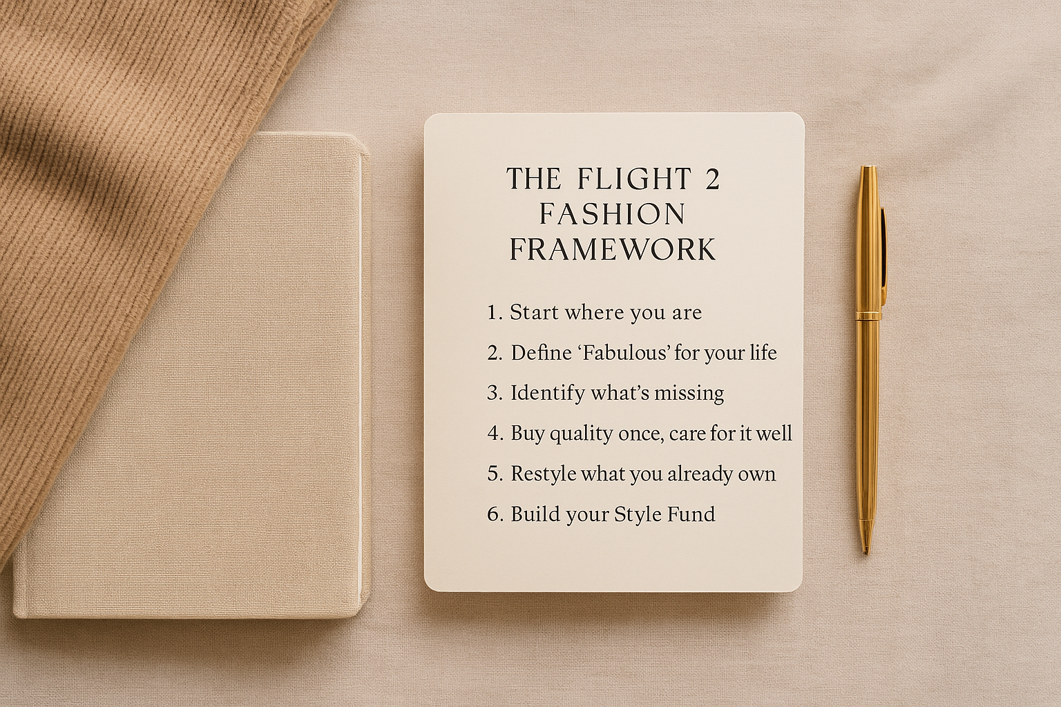 Flat lay on beige linen featuring a notebook, folded sweater, gold pen, and a printed card listing The Flight 2 Fashion Framework six-step guide