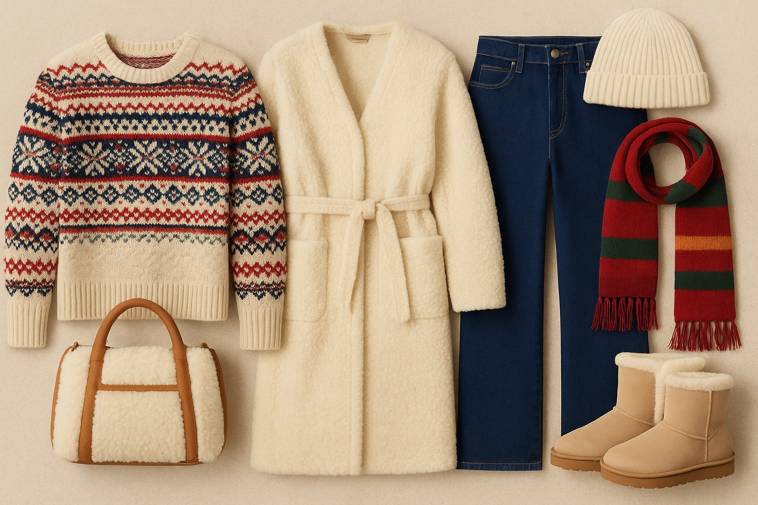 Winter outfit flat lay with fair isle sweater, shearling coat, dark denim jeans, striped scarf, knit hat, shearling boots, and matching bag — Flight2Fashion cold-weather style inspiration.