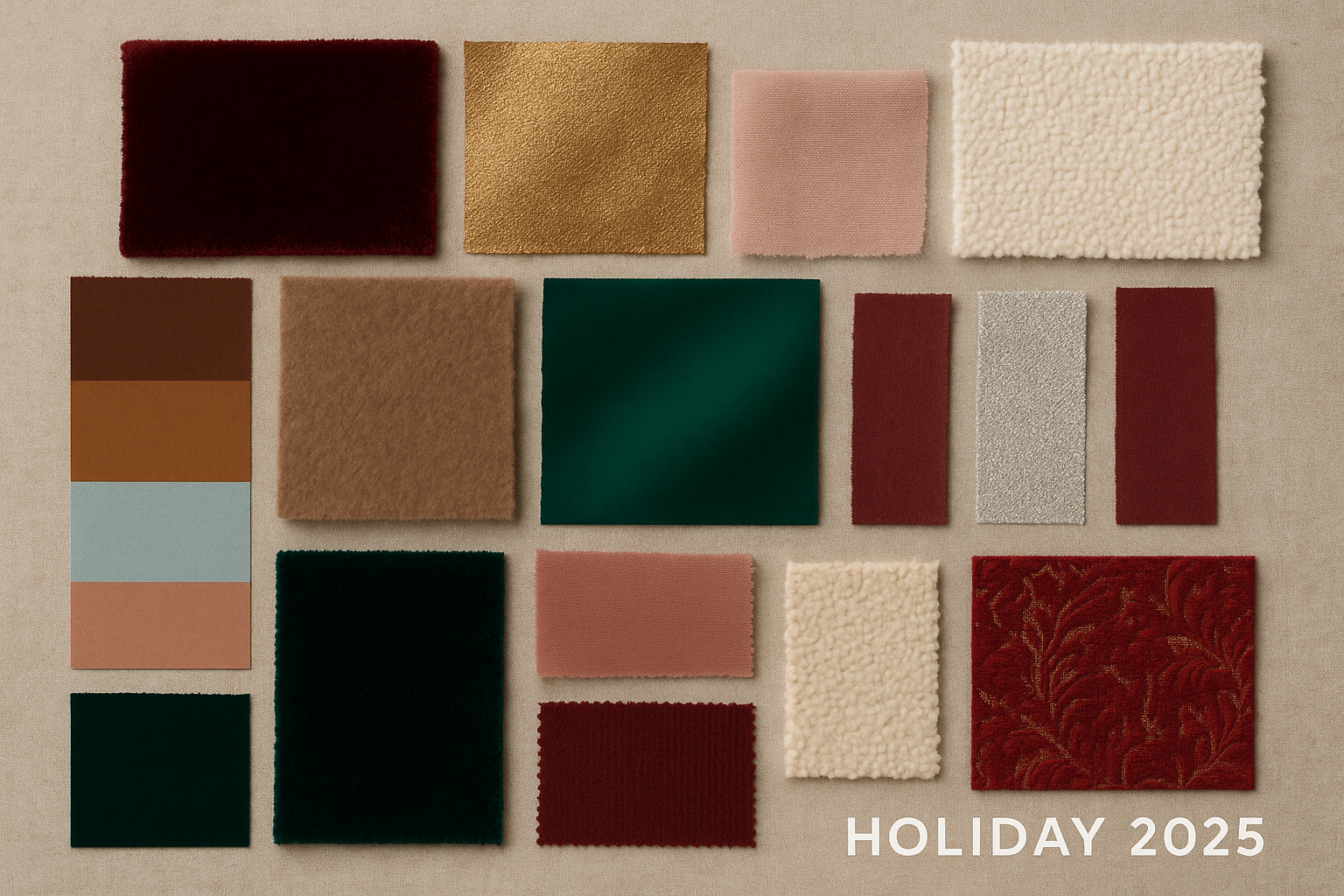 Holiday 2025 color and fabric inspiration board featuring deep red, gold, green, camel, and textured swatches — Flight2Fashion travel wardrobe and seasonal style mood.