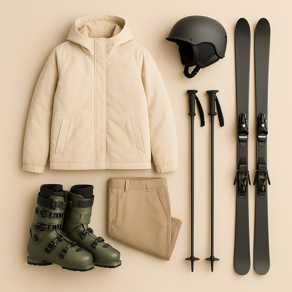 Ski gear flat lay with skis, ski boots, helmet, ski jacket, ski pants, and poles.